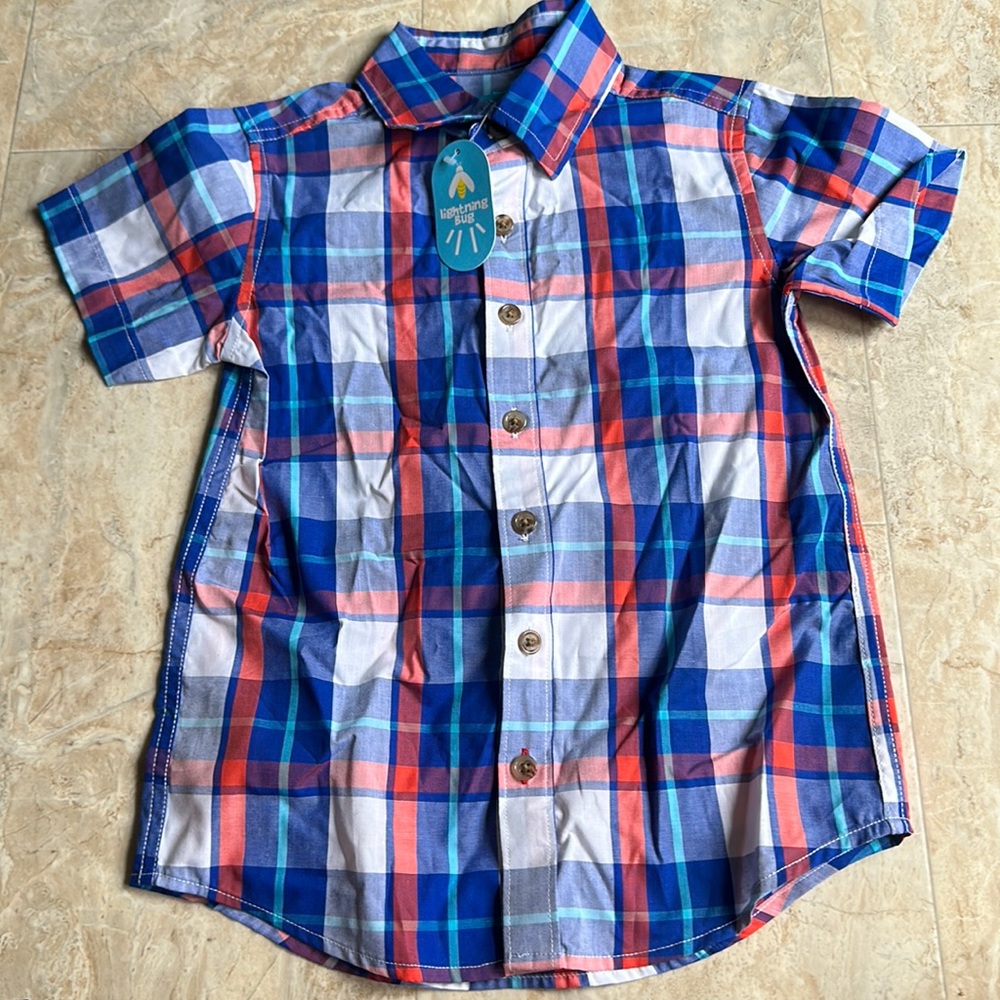 LIGHTNING BUG BLUE PLAID BUTTON DOWN SHIRT: NEW WITH TAGS: SIZE 5